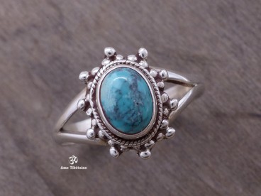 BA185 Bague Tibétaine Argent Massif Turquoise. Taille 59