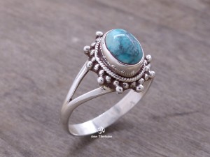 BA185 Bague Tibétaine Argent Massif Turquoise. Taille 59