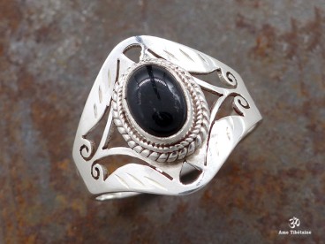 BA287 Bague Tibétaine Argent Massif Onyx. Taille 58