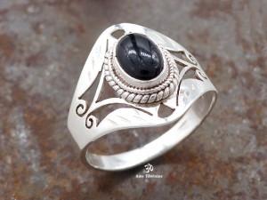 BA287 Bague Tibétaine Argent Massif Onyx. Taille 58