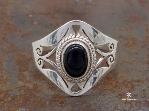 BA287 Bague Tibétaine Argent Massif Onyx. Taille 58