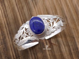 BRA64. Bracelet Tibétain Argent Massif Lapis Lazuli