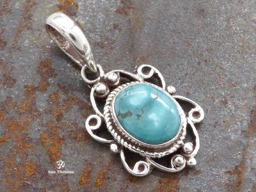 PA328 Pendentif Tibétain Argent Massif Turquoise