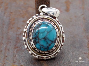 PA366 Pendentif Tibétain Argent Massif Turquoise