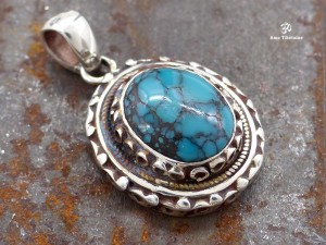 PA366 Pendentif Tibétain Argent Massif Turquoise