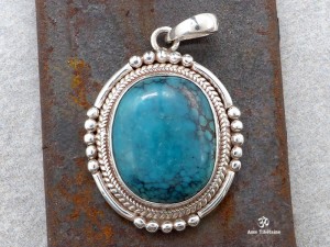 PA269 Pendentif Tibétain Argent Massif Turquoise