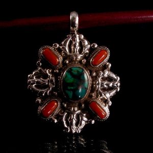 PA224 Pendentif Tibétain Argent Massif Turquoise Corail Double Dorje – Image 5