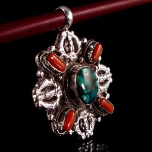 PA224 Pendentif Tibétain Argent Massif Turquoise Corail Double Dorje – Image 6