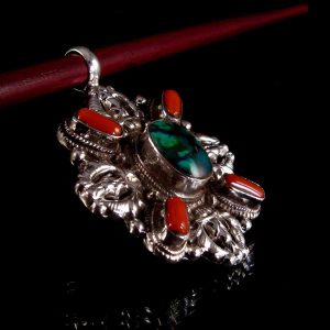PA224 Pendentif Tibétain Argent Massif Turquoise Corail Double Dorje – Image 7