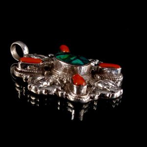 PA224 Pendentif Tibétain Argent Massif Turquoise Corail Double Dorje – Image 8