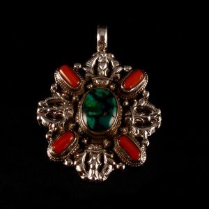 PA224 Pendentif Tibétain Argent Massif Turquoise Corail Double Dorje – Image 9