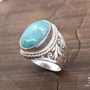 BA256 Bague Tibétaine Argent Massif Turquoise. Taille 62 – Image 1