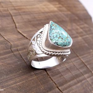 BA257 Bague Tibétaine Argent Massif Turquoise. Taille 59 – Image 1