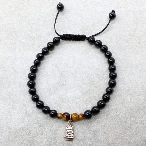 BrMala234 Bracelet Onyx Oeil de Tigre Bouddha Argent Massif 21 cm – Image 1