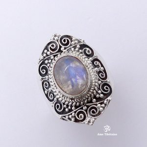 BA274 Bague Tibétaine Argent Massif Pierre de Lune. Taille Réglable – Image 1