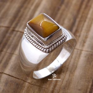 BA279 Bague Tibétaine Argent Massif Oeil de Tigre. Taille 58 – Image 1