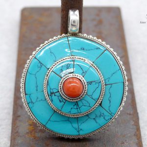 PA184 Pendentif Tibétain Argent Massif Turquoise Corail – Image 1