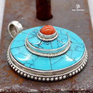 PA184 Pendentif Tibétain Argent Massif Turquoise Corail – Image 2