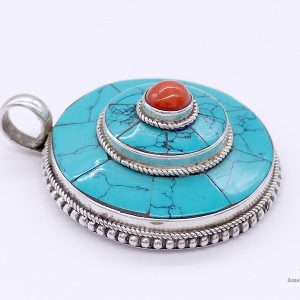PA184 Pendentif Tibétain Argent Massif Turquoise Corail – Image 3
