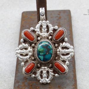 PA224 Pendentif Tibétain Argent Massif Turquoise Corail Double Dorje – Image 1