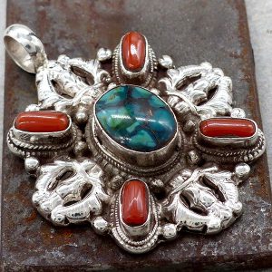 PA224 Pendentif Tibétain Argent Massif Turquoise Corail Double Dorje – Image 4