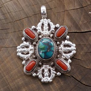 PA224 Pendentif Tibétain Argent Massif Turquoise Corail Double Dorje – Image 3