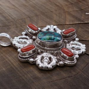 PA224 Pendentif Tibétain Argent Massif Turquoise Corail Double Dorje – Image 2