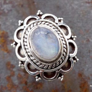 BA278 Bague Tibétaine Argent Massif Pierre de Lune. Taille Réglable – Image 1