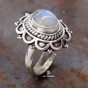 BA278 Bague Tibétaine Argent Massif Pierre de Lune. Taille Réglable – Image 2